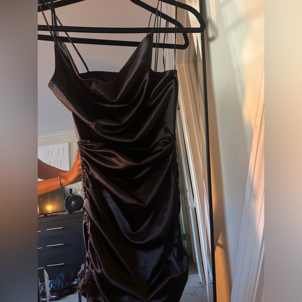 Divided satin black mini dress with adjustable ties on sides - size xs